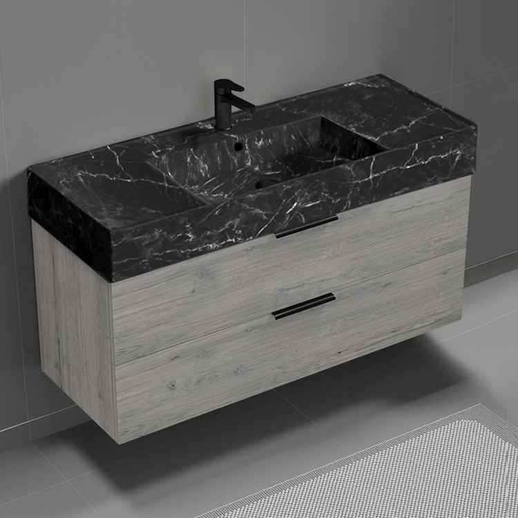 Nameeks DERIN951 Grey Oak Bathroom Vanity With Black Marble Design Sink, Wall Mounted, 48 Inch, Modern